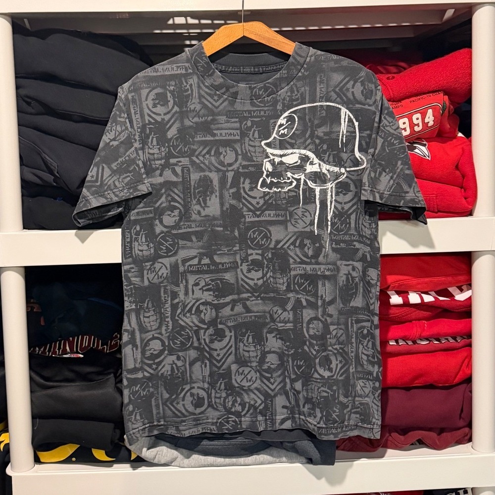 Vintage y2k Metal Mulisha Skull All Over Print Grunge Black Mens Medium Shirt